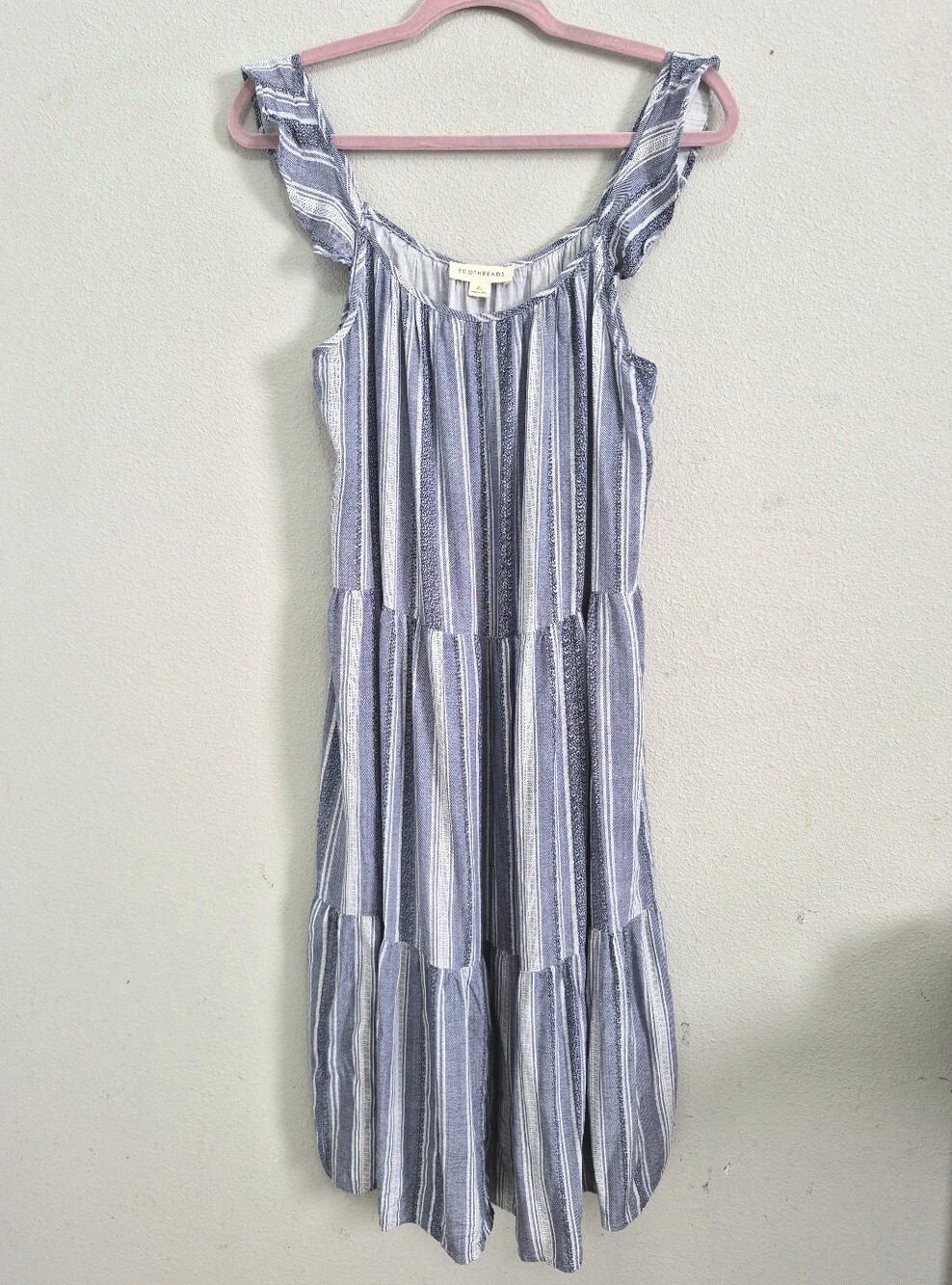 Ecothreads Flutter Sleeve Blue And White Stripe Tiered Midi Dress XL Boho Summer